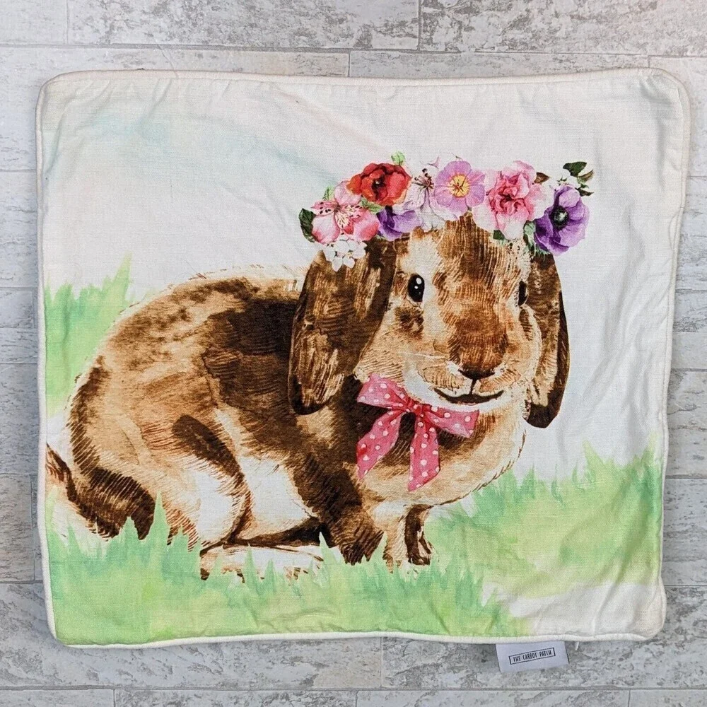 The Carrot Patch Throw Pillow Bunny Rabbit Flowers Crown 18x18 Empty